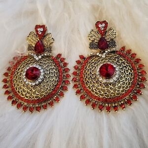 ❤️Valentine Inspired-Statement Earrings/Pierced Ears,Stunning Gold /Red Accents